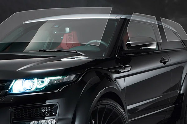Dark vehicle with the glass called out to show tint coverage