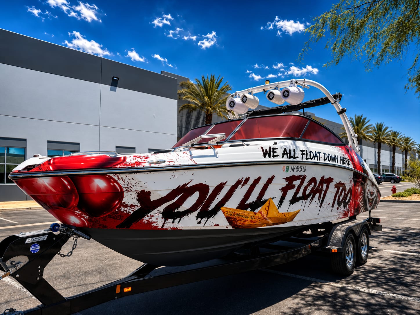 custom pennywise it boat wrap with transparent red windows installed at Vehicle Wraps Vegas Henderson NV
